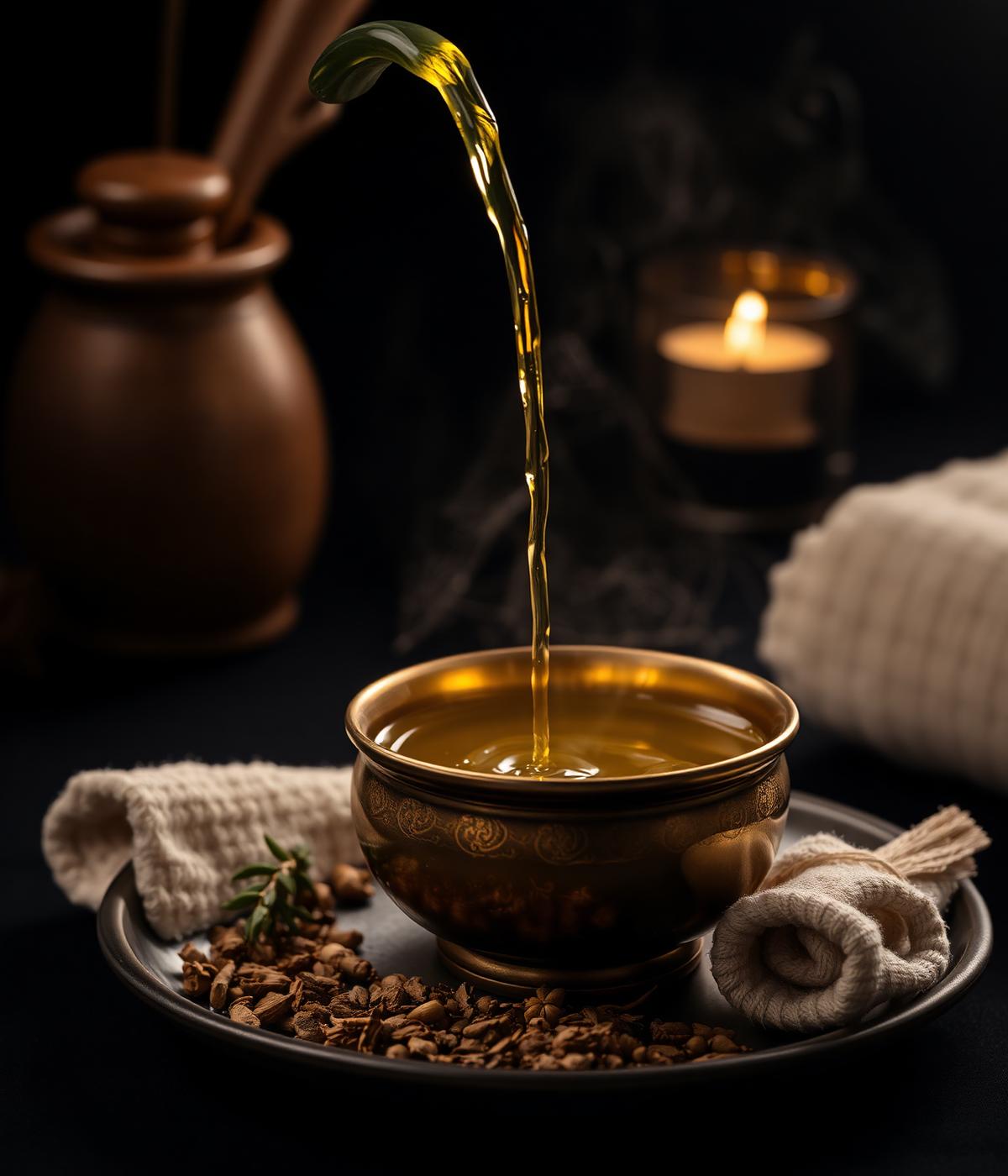 Warm ayurvedic herbal oil poured into a brass bowl