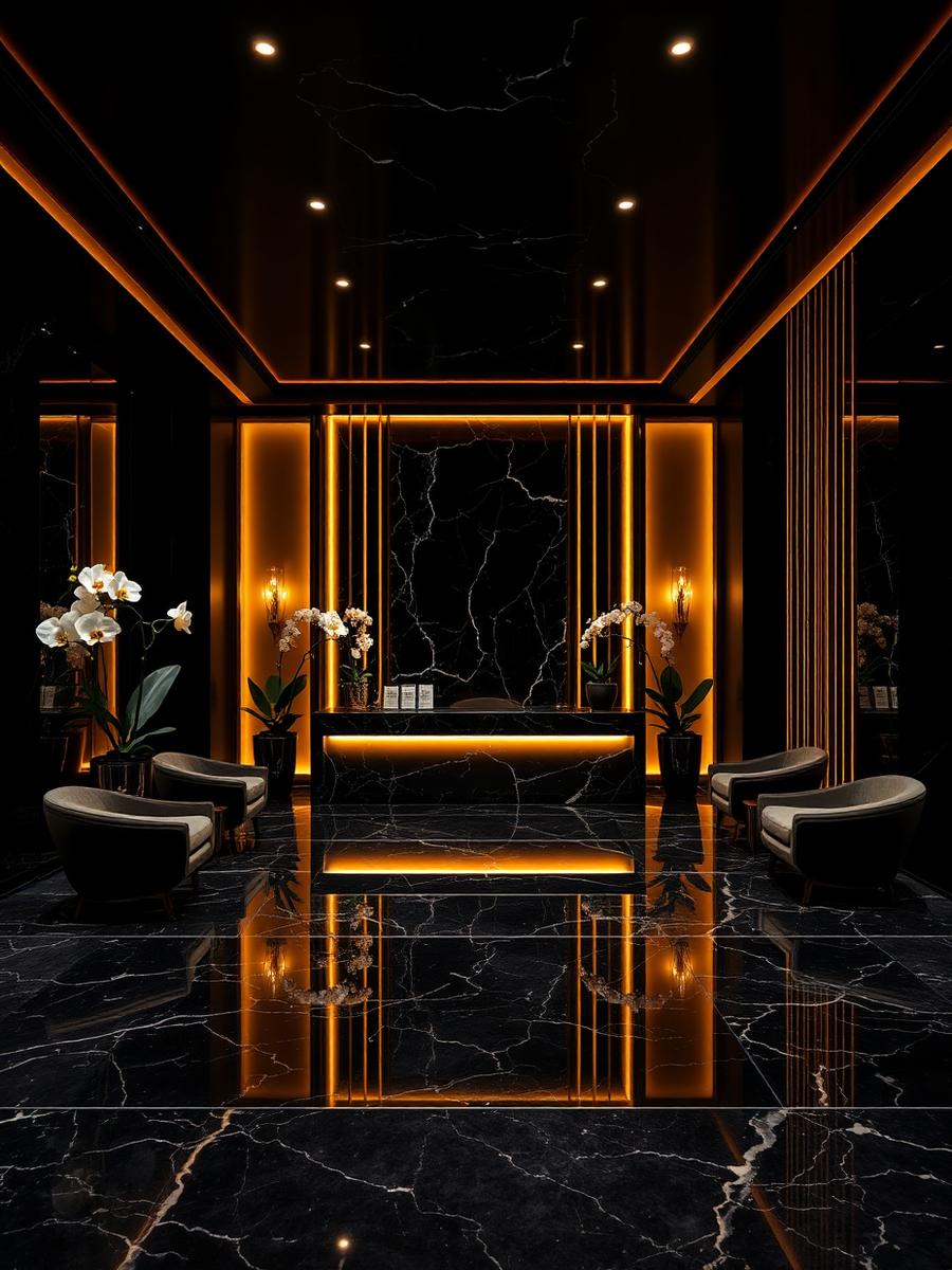 Black marble reception lounge of a luxury Pune wellness centre