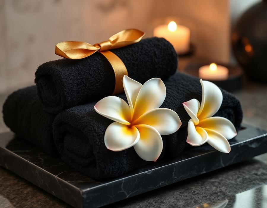 Black spa towels with gold ribbon and frangipani flowers