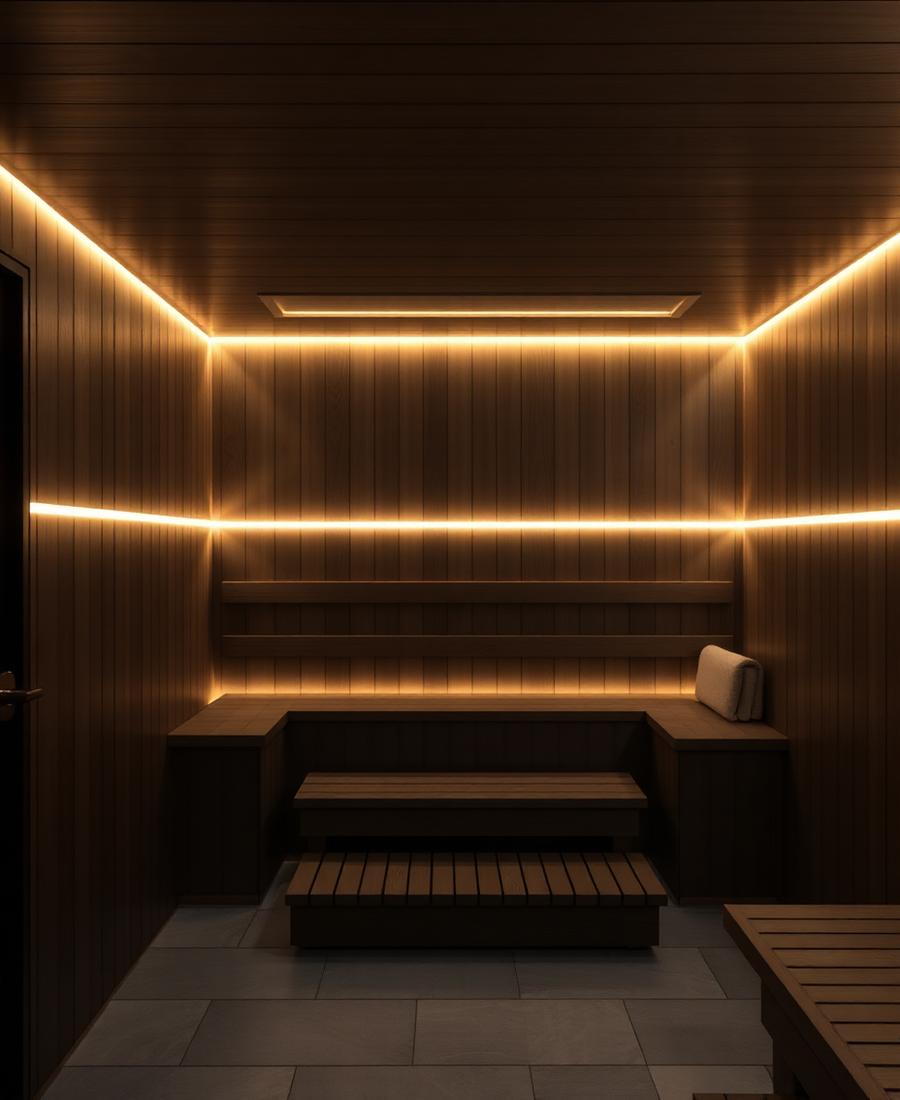 Warmly lit sauna and steam room